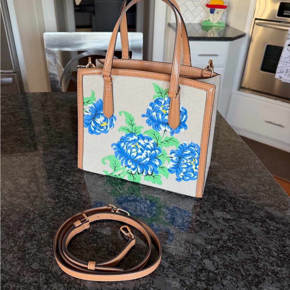 Tory Burch Small Walker Blue Floral Canvas Satchel with Tan Leather